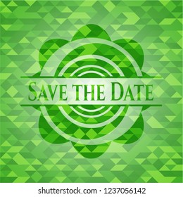 Save the Date green emblem. Mosaic background