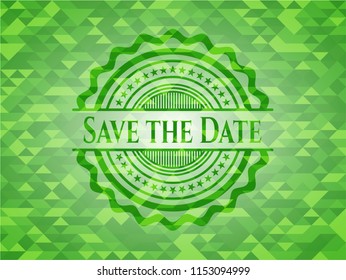 Save the Date green emblem with triangle mosaic background