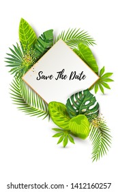 Save the Date. Green summer tropical background with exotic leaves, paper sheet with golden frame. Place for text. Vector illustration for flyer, party invitation, ecological concept, wedding, web.