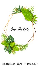Save the Date. Green summer tropical background with exotic leaves and golden frame. Place for text. Vector illustration for flyer, party invitation, ecological concept, wedding, web.