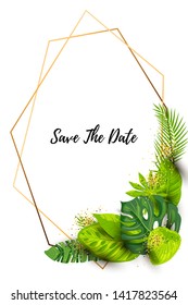 Save the Date. Green summer tropical background with exotic leaves and golden frame. Place for text. Vector illustration for flyer, party invitation, ecological concept, wedding, web.