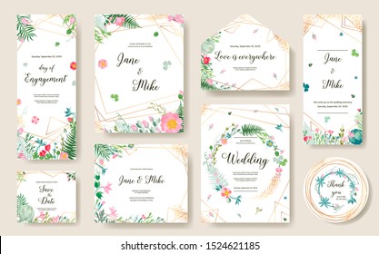 Save the date greenery plants.
Rose flower,rsvp, succulent, thank you, tage template. Table label Vector. Floral Wedding Invitation card