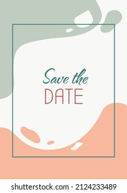 Save date greeting card with color icon element. Wedding invitation. Postcard vector design. Decorative flyer with creative illustration. Notecard with congratulatory message on pink and grey