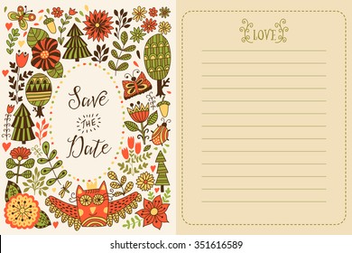 Save the date greeting card. Forest theme. Flowers, trees and owl illustration. Invitation, notebook cover in childish style.