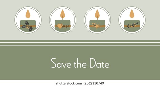 Save the Date. Greeting card with four decorated candles in green, gold and anthracite.