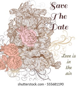 Save the date greeting card with hand drawn roses in vintage style