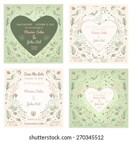 Save the Date and greetings cards. Hand drawn watercolour elements. Examples of cute and romantic styles. Vector images.