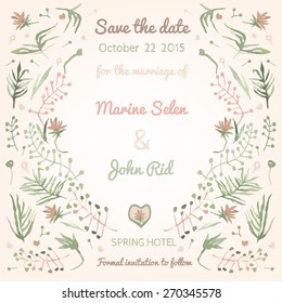 Save the Date and greetings cards. Hand drawn watercolour elements. Examples of cute and romantic styles. Vector images.