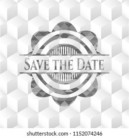 Save the Date grey badge with geometric cube white background