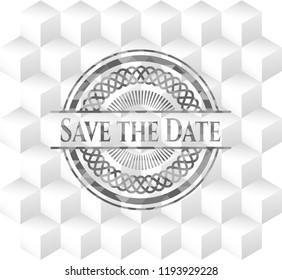 Save the Date grey emblem. Retro with geometric cube white background