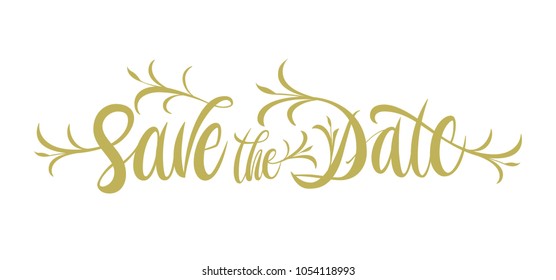 Save the date. Hand drawn calligraphy lettering. Trendy brush pen style. Text inscription with floral illustration. Vector ink. Eps 8, 10. Modern calligraphy invitation. White on black background.
