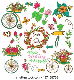 Save the date hand drawn collection with bicycle, flowers and butterfly. Vintage vector sketch elements for card isolated on white background. Big set of icons for wedding day, romantic events.