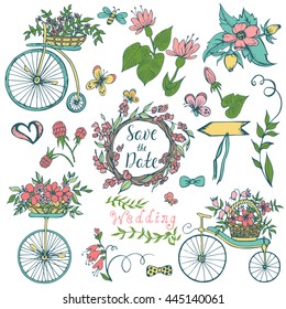 Save the date hand drawn doodle collection with bicycle, flowers, wreath and butterfly. Vintage vector sketch elements for card.  Big set of icons for Wedding day, love and romantic events.
