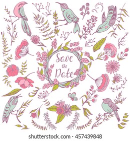 Save the date hand drawn doodle collection with birds, flowers and leaves. Vintage vector sketch elements for card isolated on white background. Big set of icons for Wedding day and romantic events.