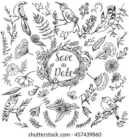 Save the date hand drawn doodle collection with birds, flowers, leaves. Vintage vector sketch elements for card isolated on white background. Big set of icons for Wedding day and romantic events.