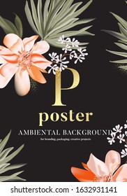 Save the date hand drawn floral poster with magnolia leaves. Wedding dark flower card template with dahila bloom , palm branches, eucaluphys blossom. Wild Botany collection vector illustration. 