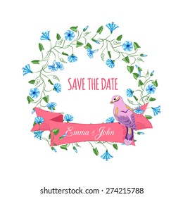 Save the date hand drawn floral wreath with ribbon and bird. Vector illustration.