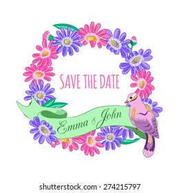 Save the date hand drawn floral wreath with ribbon and bird. Vector illustration.