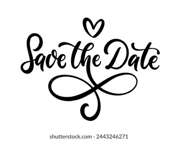 Save the date, hand drawn lettering design. Calligraphy text composition isolated on white background. Vector lettering phrase.