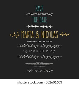 Save the Date. Hand drawn line border for Wedding invitations. Vintage vector drawing frames to your template. Illustration with brush and ink. Scribble design element