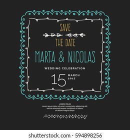 Save the Date. Hand drawn line border for Wedding invitations. Vintage vector drawing frames to your template. Illustration with brush and ink. Scribble design element