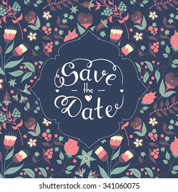 Save the date hand lettering. Blue hand drawn phrase. Vector script illustration with hearts for wedding day invitations, card, decoration. Lettering phrase. Beautiful floral doodle pattern background