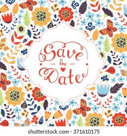 Save the date hand lettering. Hand drawn phrase. Vector script illustration with hearts for wedding day invitations, card, decoration. Beautiful floral doodle pattern background. Lettering phrase