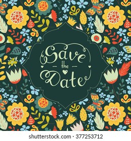 Save the date hand lettering. Hand drawn phrase. Vector script illustration with hearts for wedding day invitations, card, decoration. Beautiful floral doodle pattern background. Lettering phrase