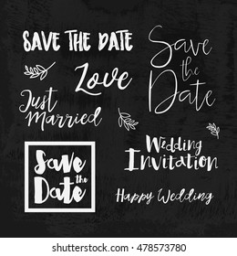 Save the date hand lettering logos. Set of wedding invitation vintage typographic design elements. Vector calligraphic phrases about love, wedding, just married.