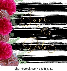 Save the date of hand lettering with Peonies vector.Wedding card.