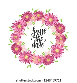 Save the date hand lettering postcard with pink flowers. Wedding phrase. Vector illustration. Modern brush calligraphy. Isolated on white background. 