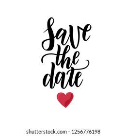 Save the date hand lettering postcard. Wedding phrase. Vector illustration. Modern brush calligraphy. Isolated on white background. 
