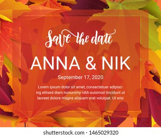 Save the date hand lettering postcard with autumn leaves. Wedding phrase. Vector illustration. Modern brush calligraphy. Isolated on white background. 
