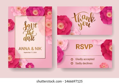 Save the date hand lettering postcard with pink flowers. Thank you, rsvp cards template. Wedding phrase. Vector illustration. Brush calligraphy. Decorative modern layout
