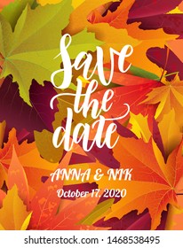 Save the date hand lettering postcard with autumn leaves. Wedding phrase. Vector illustration. Modern brush calligraphy. Isolated on white background. 