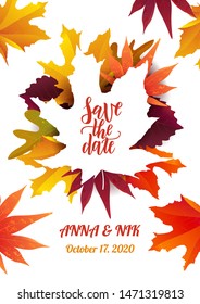 Save the date hand lettering postcard with autumn leaves. Wedding phrase. Vector illustration. Modern brush calligraphy. Isolated on white background. 