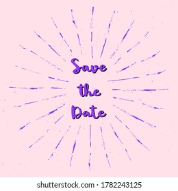 Save the date hand lettering with violet sunburst lines on pink background.