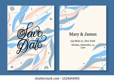 Save the date hand written lettering text. Perfect calligraphy. Wedding invitation card template with line and blue and pink branch and leaves background. Vector illustration.