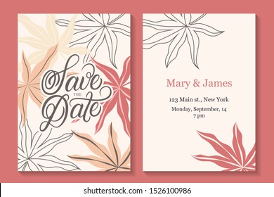 Save the date hand written lettering, calligraphy. Wedding autumn invitation card template with line and red and yellow colorful leaves background. Vector illustration.