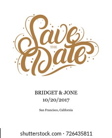 Save the date hand written lettering text. Modern brush calligraphy for wedding or love card. Isolated on background. Vector illustration.