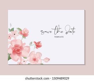Save the date hand-drawn card. Botanical wedding invitation template design, rose flowers and leaves with wreath frame on white background, vintage style. Vector.