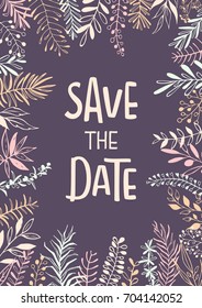 save the date handwritten hand drawn wedding invitation background poster template with meadow wild twigs branches leaves