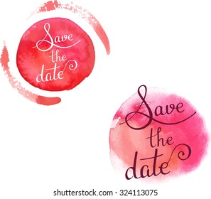 'Save the date' handwritten in modern calligraphy invitation on pink watercolor textures, vector graphic, isolated on white