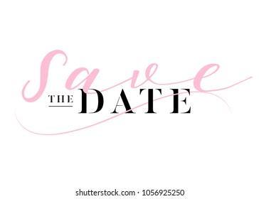 Save the Date Heading for Wedding Invitation. Elegant Handwritten Calligraphy. Luxury Label, Black and Pink Colors. Trendy Wedding Title Design with Lettering. Minimal Monogram. 