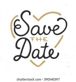 Save the Date in heart shape invite card vector template with modern calligraphy isolated on white background. Handwritten lettering. Hand drawn design elements.
