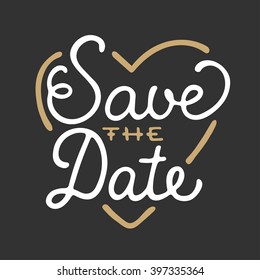 Save the Date in heart shape invite card vector template with modern calligraphy isolated on dark background. Handwritten lettering. Hand drawn design elements.