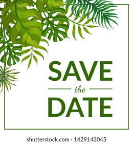 Save the Date, Holiday, Wedding Invitation Card Template with Green Exotic Tropical Palm Leaves, Frame with Space for Text Vector Illustration