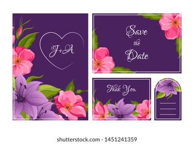 Save the Date, Holiday, Wedding Invitation Templates Set, Thank You, Rsvp Floral Cards with Elegant Bright Flowers, Frame with Space for Text Vector Illustration