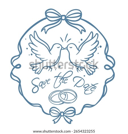 Save the Date icon with doves, rings, and bow inside a decorative frame. Great for invitation designs and romantic events