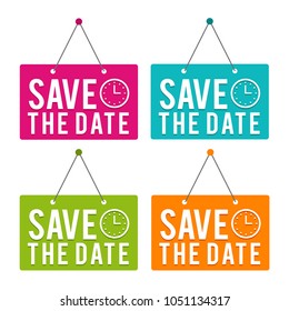 Save the Date with Icon hanging Door Sign. Eps10 Vector.